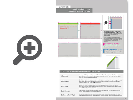 Product Bild block_mit_leimbindung_und_deckblatt__din_a4_quer__10_blatt__4_4_farbig_beidseitig_bedruckt